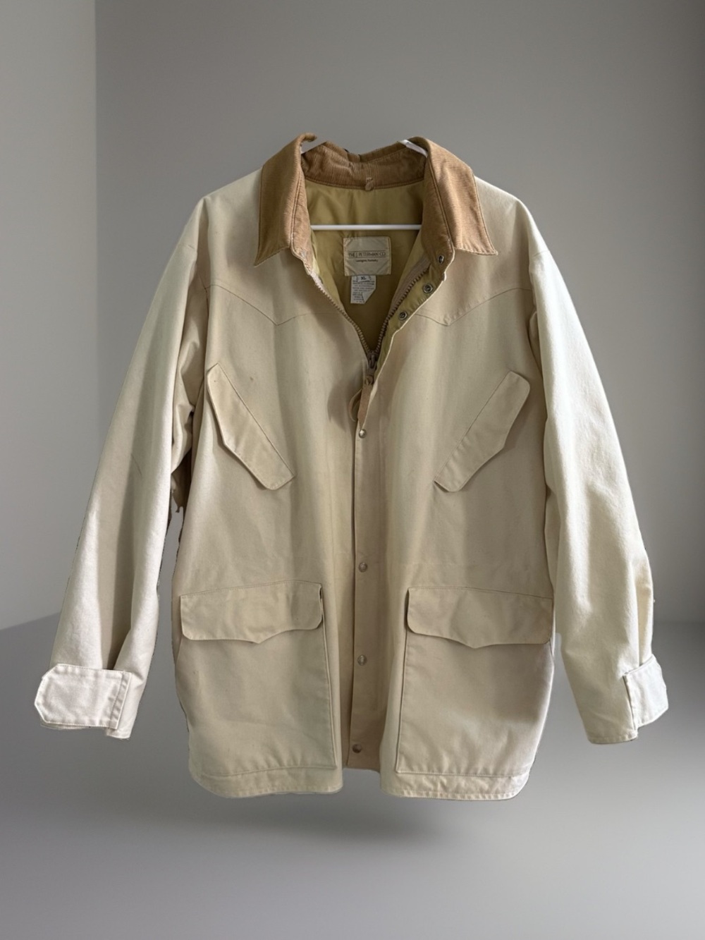 J Peterman Field Jacket Men’s XL Tan Canvas Corduroy Collar Hunting Coat